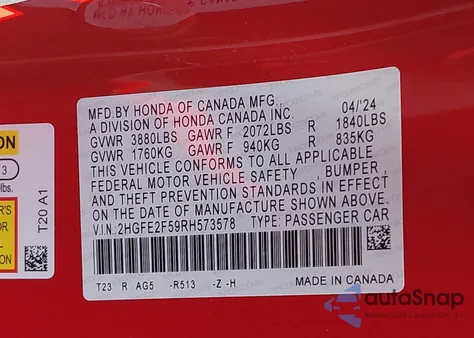 2024 Honda Civic Sport from USA, damaged, VIN 2HGFE2F59RH573578